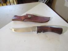 Oneida Inox Mexico Skinning Knife W/ Wood Handle And Leather Sheath