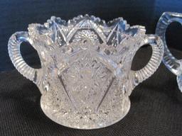 Lot - 2 Blown Cruets w/ Pontil Base, Syrup Pitcher & Creamer/Sugar Bowls