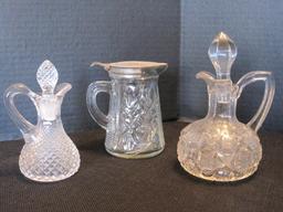 Lot - 2 Blown Cruets w/ Pontil Base, Syrup Pitcher & Creamer/Sugar Bowls