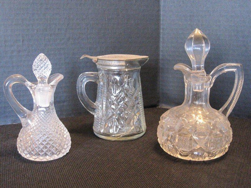 Lot - 2 Blown Cruets w/ Pontil Base, Syrup Pitcher & Creamer/Sugar Bowls