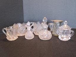 Lot - 2 Blown Cruets w/ Pontil Base, Syrup Pitcher & Creamer/Sugar Bowls