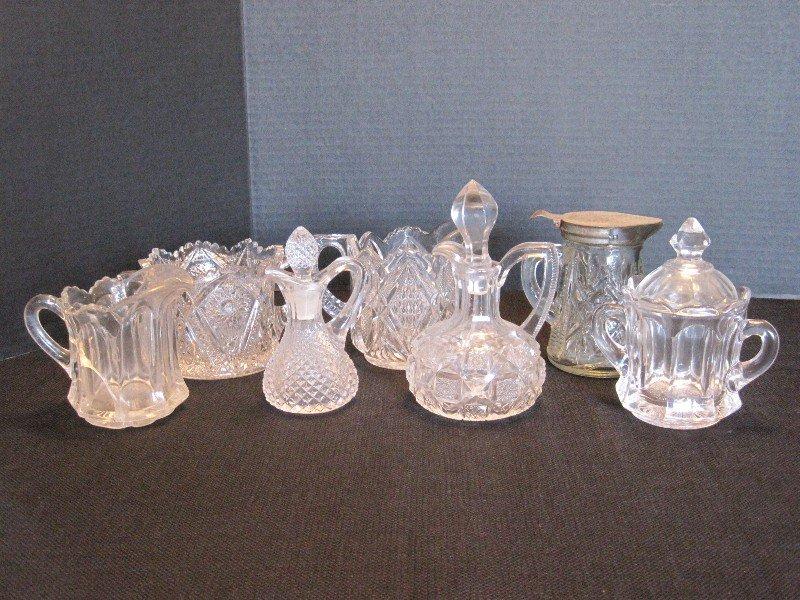 Lot - 2 Blown Cruets w/ Pontil Base, Syrup Pitcher & Creamer/Sugar Bowls