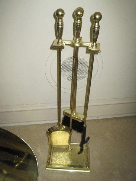 Brass Fireplace Tool Set w/ Stand & Brass Kindling Basket w/ Paw Feet