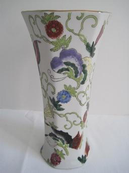 Andrea Semi-Porcelain Hexagon Form Flared Rim Vase Hand Painted Oriental Flowering Vine