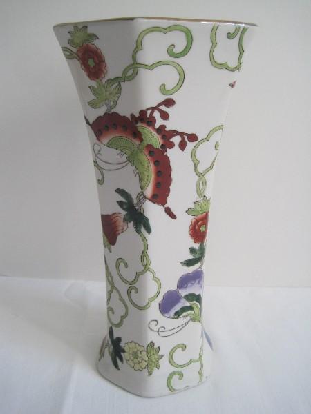 Andrea Semi-Porcelain Hexagon Form Flared Rim Vase Hand Painted Oriental Flowering Vine
