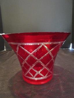 FTD Diamond-Cut Pattern Red/Clear Wide Top Compote