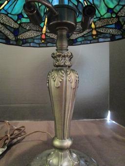 Slag Glass Dragonfly Design Lamp w/ Blue/Green Motif, Brass Ornate Leaf/Motif Base