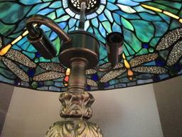 Slag Glass Dragonfly Design Lamp w/ Blue/Green Motif, Brass Ornate Leaf/Motif Base