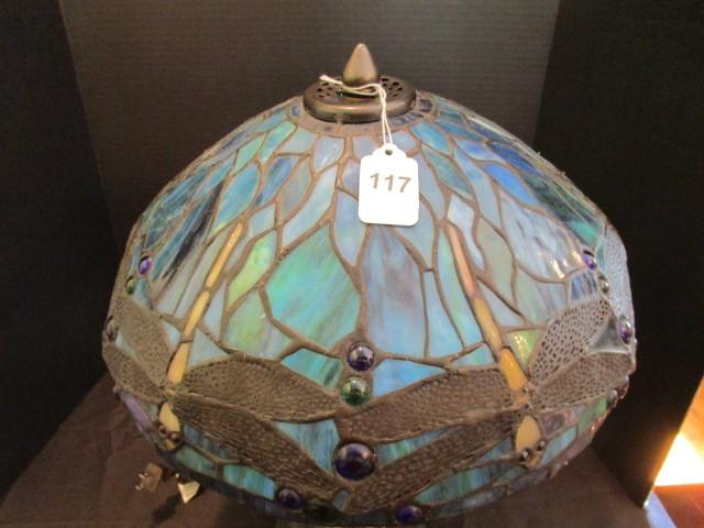 Slag Glass Dragonfly Design Lamp w/ Blue/Green Motif, Brass Ornate Leaf/Motif Base