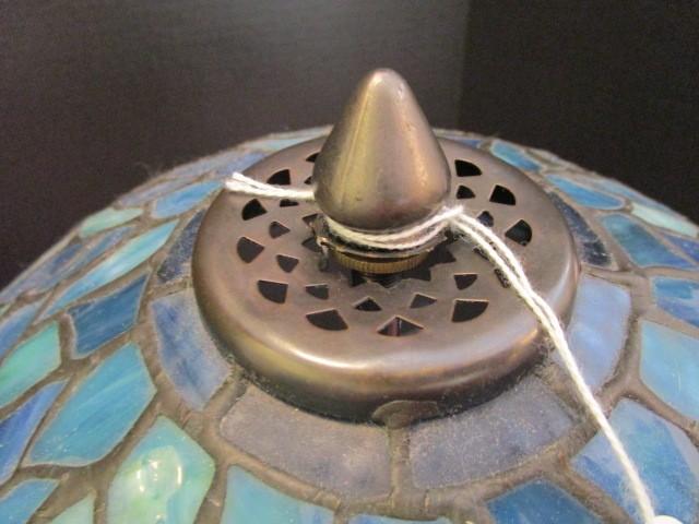 Slag Glass Dragonfly Design Lamp w/ Blue/Green Motif, Brass Ornate Leaf/Motif Base