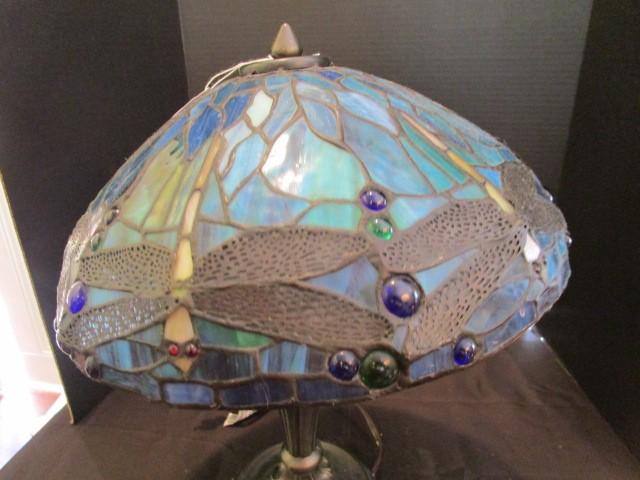Slag Glass Dragonfly Design Lamp w/ Blue/Green Motif, Brass Ornate Leaf/Motif Base