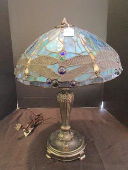 Slag Glass Dragonfly Design Lamp w/ Blue/Green Motif, Brass Ornate Leaf/Motif Base