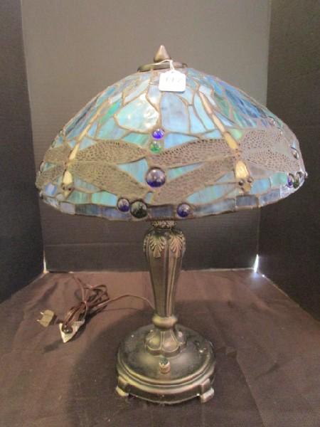Slag Glass Dragonfly Design Lamp w/ Blue/Green Motif, Brass Ornate Leaf/Motif Base