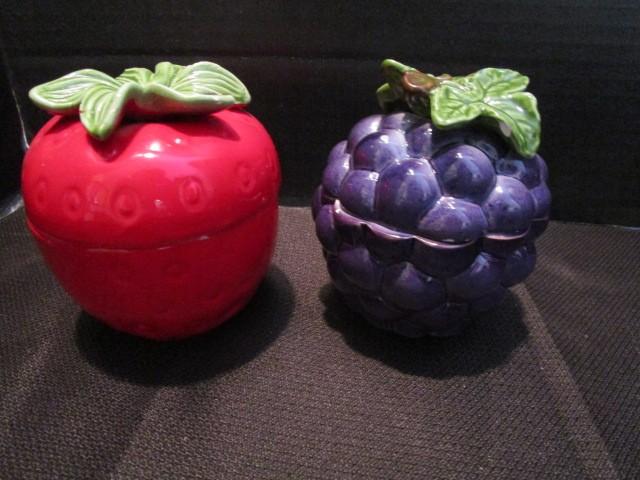 Misc. Lot - Strawberry/Grape Trinket Dishes, Amber Crackle Glass Pitcher