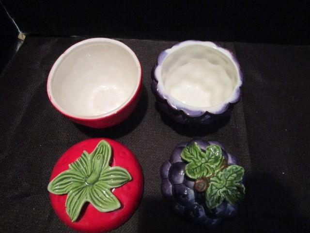 Misc. Lot - Strawberry/Grape Trinket Dishes, Amber Crackle Glass Pitcher