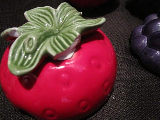 Misc. Lot - Strawberry/Grape Trinket Dishes, Amber Crackle Glass Pitcher