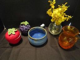 Misc. Lot - Strawberry/Grape Trinket Dishes, Amber Crackle Glass Pitcher