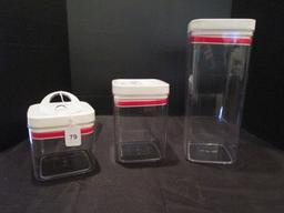 3 Sealed Top Plastic Containers Various Heights