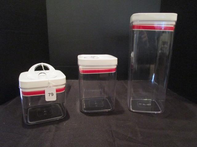 3 Sealed Top Plastic Containers Various Heights