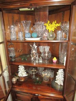 Dark Wood Corner Display Cabinet w/ 2-Over-2 Hutch Doors, 2 w/ Square Glass Cut Pattern