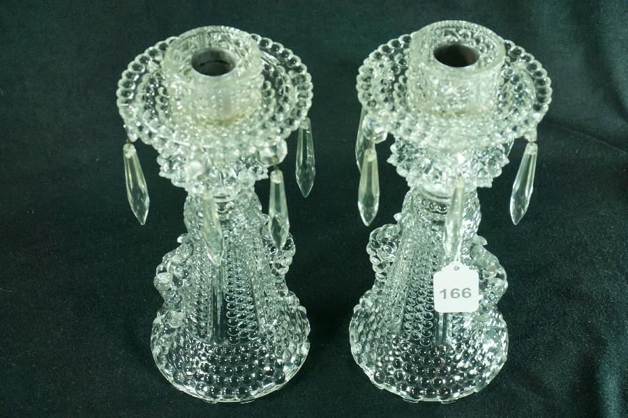 Pair - Vintage "Thousand Eye" Single Light Candlesticks w/ Prisms