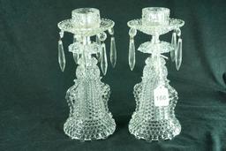 Pair - Vintage "Thousand Eye" Single Light Candlesticks w/ Prisms