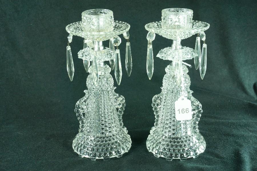 Pair - Vintage "Thousand Eye" Single Light Candlesticks w/ Prisms
