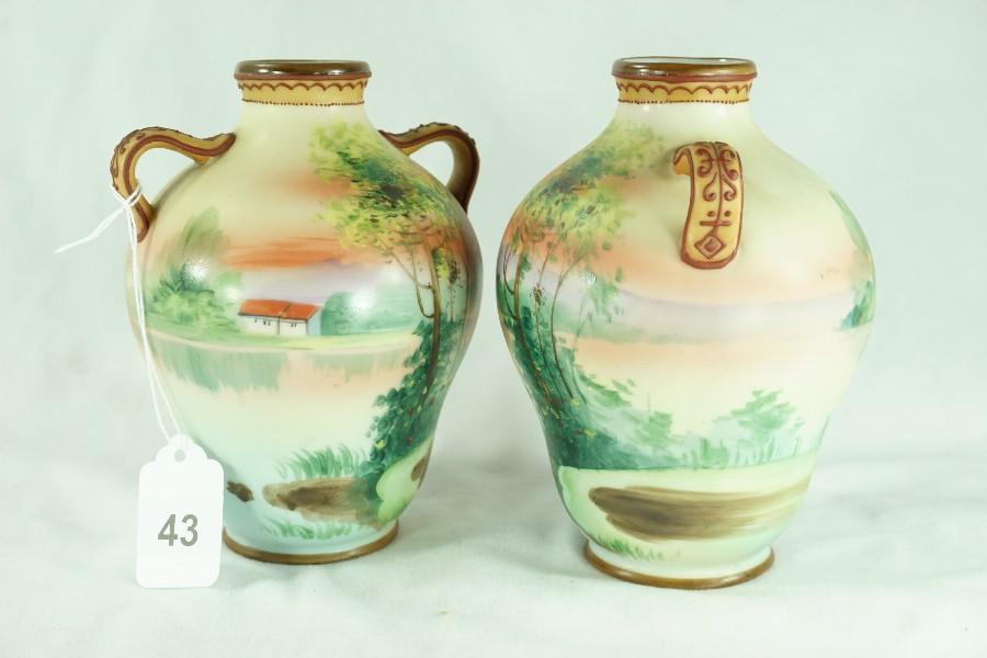 Pair - Early 1900's Japanese Morimura Nippon Hand Painted Porcelain Vase