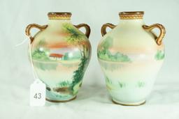 Pair - Early 1900's Japanese Morimura Nippon Hand Painted Porcelain Vase