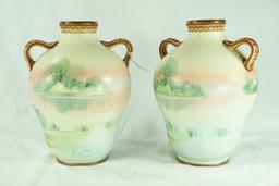 Pair - Early 1900's Japanese Morimura Nippon Hand Painted Porcelain Vase