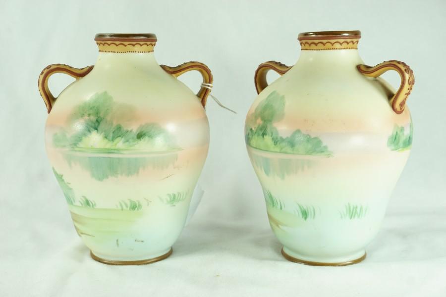 Pair - Early 1900's Japanese Morimura Nippon Hand Painted Porcelain Vase