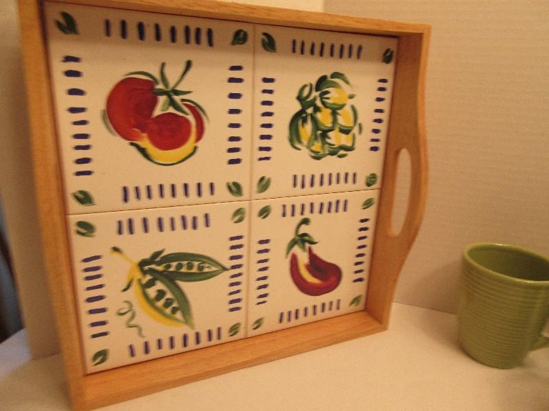 Square Handled Oak Tray w/ Hand Painted Vegetable Design Inset Tiles 12 3/4" sq.