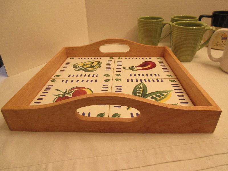 Square Handled Oak Tray w/ Hand Painted Vegetable Design Inset Tiles 12 3/4" sq.