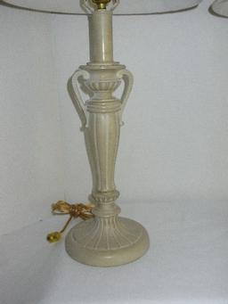 Pair - Metal Candlestick Style Banquet Lamps Beaded Handles Design on Plinth Base