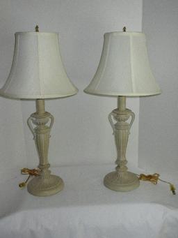 Pair - Metal Candlestick Style Banquet Lamps Beaded Handles Design on Plinth Base