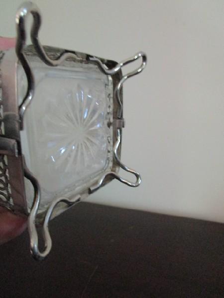 Prescut Glass Diamond Cut Jar w/ Silverplate Stand/Holder w/ Silverplate