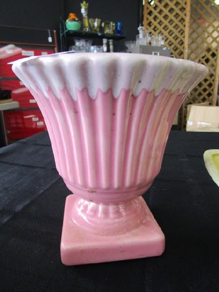 Ceramic Lot - Yellow McCoy Planter 10 1/2" W, Pink Grecian Column Design Planter