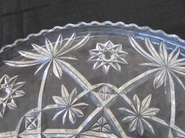 Large Prescut Glass Platter, Star/Starburst Design, Scallop Rim