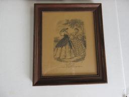 3 Godey's Lady's Fashion Engraving in Wood Frames Gilded/Beaded Trim