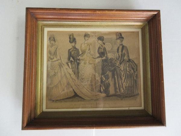 3 Godey's Lady's Fashion Engraving in Wood Frames Gilded/Beaded Trim