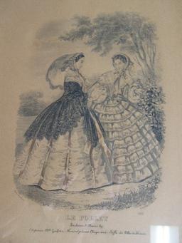 3 Godey's Lady's Fashion Engraving in Wood Frames Gilded/Beaded Trim