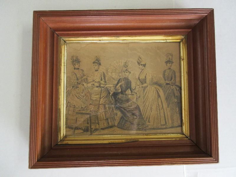 3 Godey's Lady's Fashion Engraving in Wood Frames Gilded/Beaded Trim