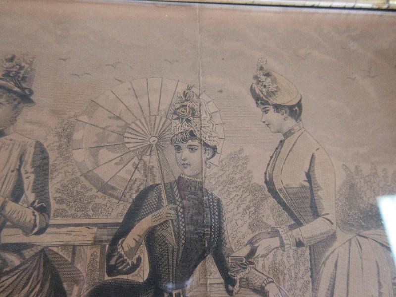 3 Godey's Lady's Fashion Engraving in Wood Frames Gilded/Beaded Trim