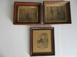 3 Godey's Lady's Fashion Engraving in Wood Frames Gilded/Beaded Trim