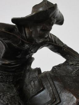Frederic Remington Limited Edition #4 of 100 Bronze Bronco Buster Cowboy w/ Whip on Marble Base