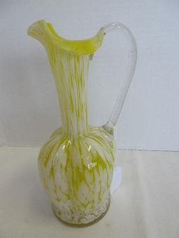 Moser Hand Blown Ewer Pitcher Yellow/White Mottled Pattern w/ Applied Clear Handle