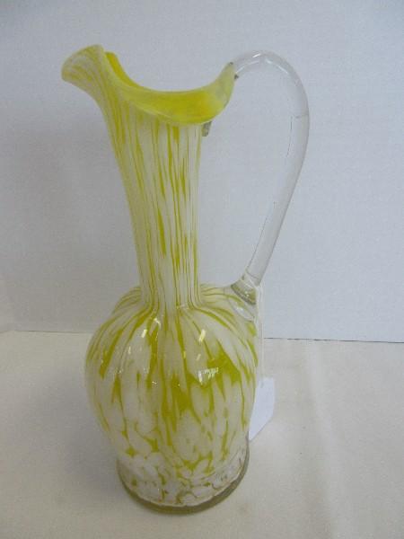 Moser Hand Blown Ewer Pitcher Yellow/White Mottled Pattern w/ Applied Clear Handle