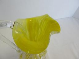 Moser Hand Blown Ewer Pitcher Yellow/White Mottled Pattern w/ Applied Clear Handle