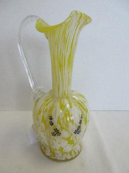 Moser Hand Blown Ewer Pitcher Yellow/White Mottled Pattern w/ Applied Clear Handle