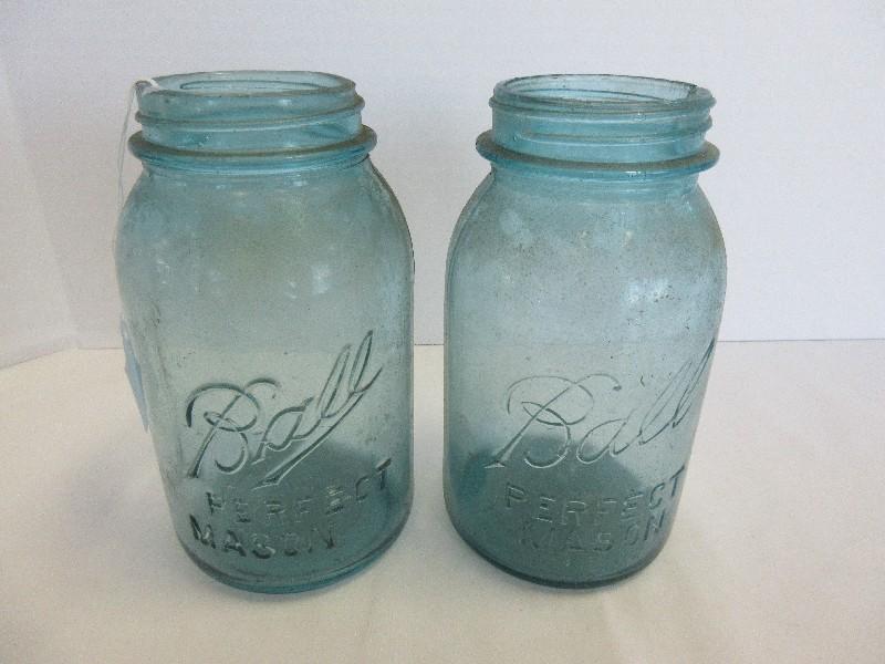 2 Ball Perfect Mason Blue Glass Canning Jars 7" H